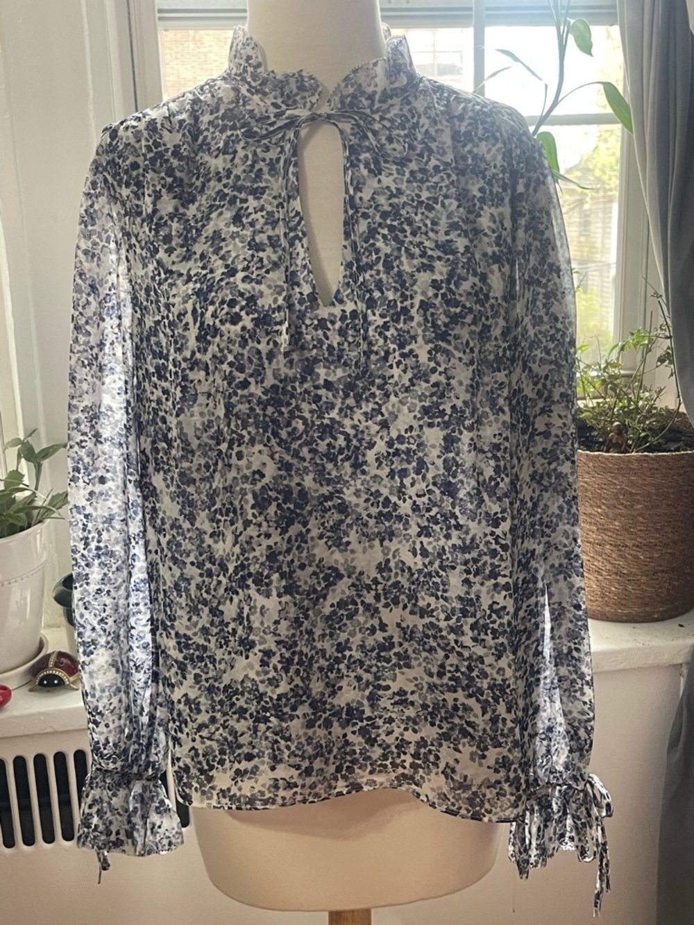 INTERMIX Blue and White Floral Tie-Neck Sheer Blouse